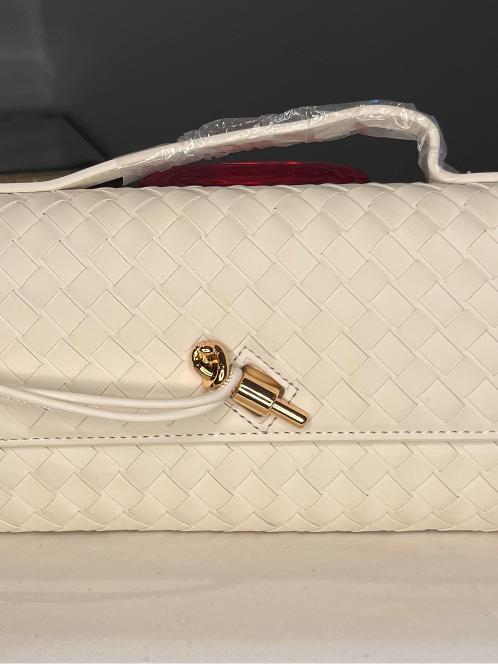 Woven White Leather Shoulder Bag with Gold Hardware